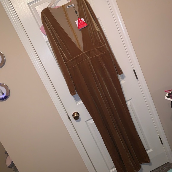 Marigold/ Mustard Velvet/ Velour Plunge Deep V-Neck JumpSuit - Picture 2 of 8